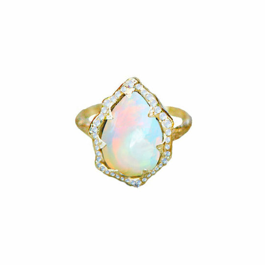 Logan Hollowell - Queen Water Drop Cabochon Opal Ring with Full Diamond Halo in Yellow Gold