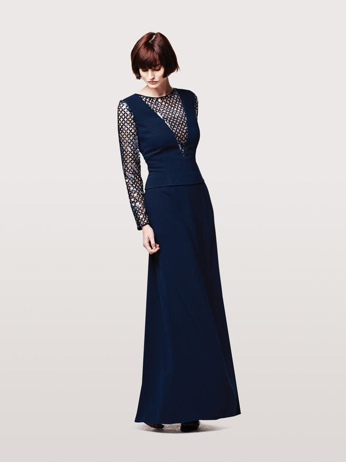 Daymor Couture - Sheer Long Sleeve Evening Gown 155 in Blue