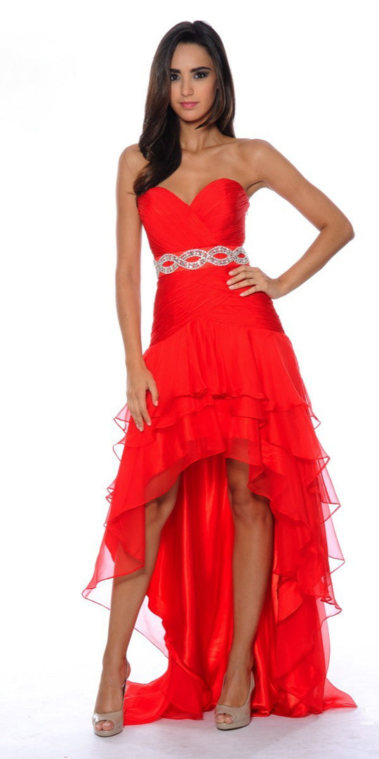 Decode 1.8 - Jeweled Waist High Low Sweetheart Dress 182487 in Red