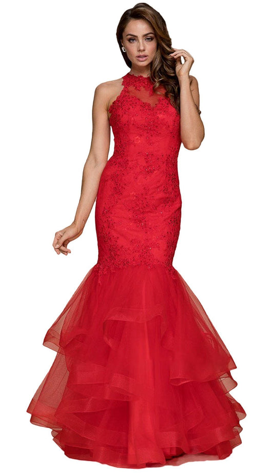 Nox Anabel - E005 Beaded Lace High Halter Tulle Mermaid Dress