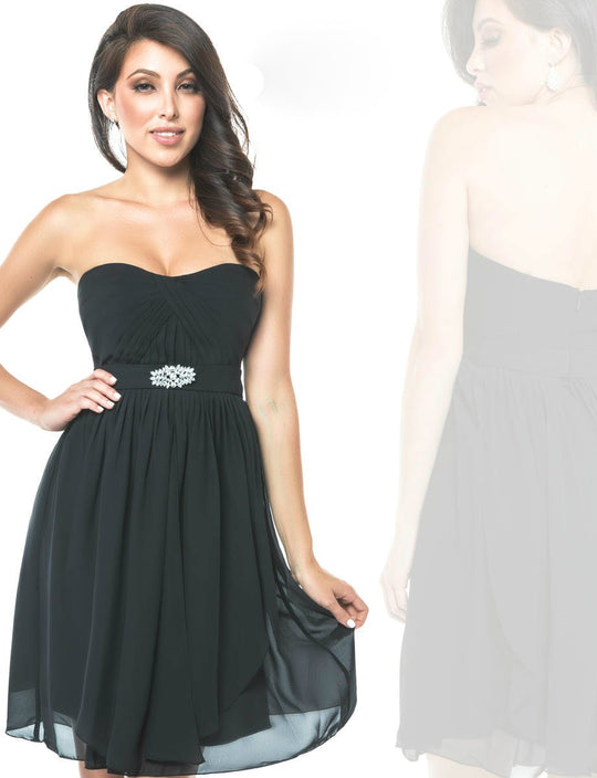 Milano Formals E1573 Strapless Sweetheart Neckline Pleated Chiffon Cocktail Dress in Black