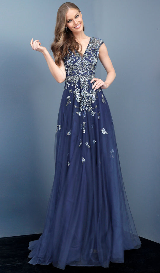 Jovani - 62819 Beaded V-neck A-line Dress In Blue