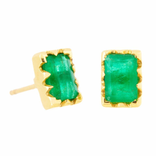 Crown Bezel Emerald Cut Emerald Studs