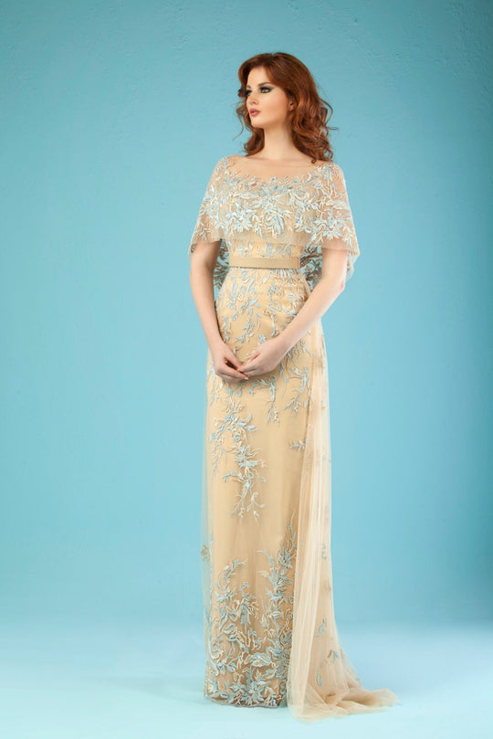 Gatti Nolli Couture - ED-4407 Embroidered Capelet Gown with Train In Gold and Blue