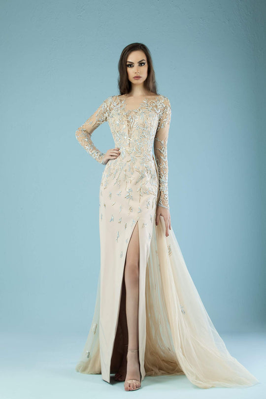 Gatti Nolli Couture - ED-4408 Applique Trumpet Dress With Overskirt In Gold and Blue