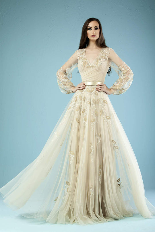 Gatti Nolli Couture - ED-4422 Applique Plunging V-neck A-line Dress In Gold