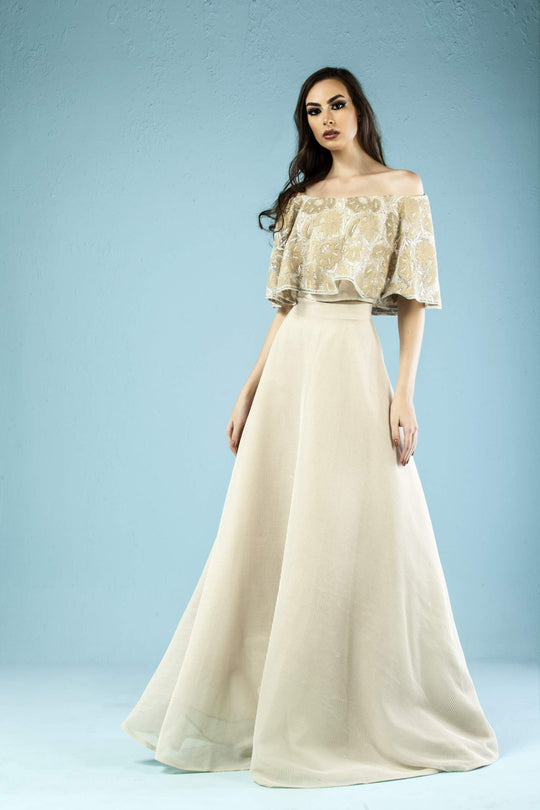 Gatti Nolli Couture - ED-4424 Applique Off-Shoulder A-line Dress In Gold