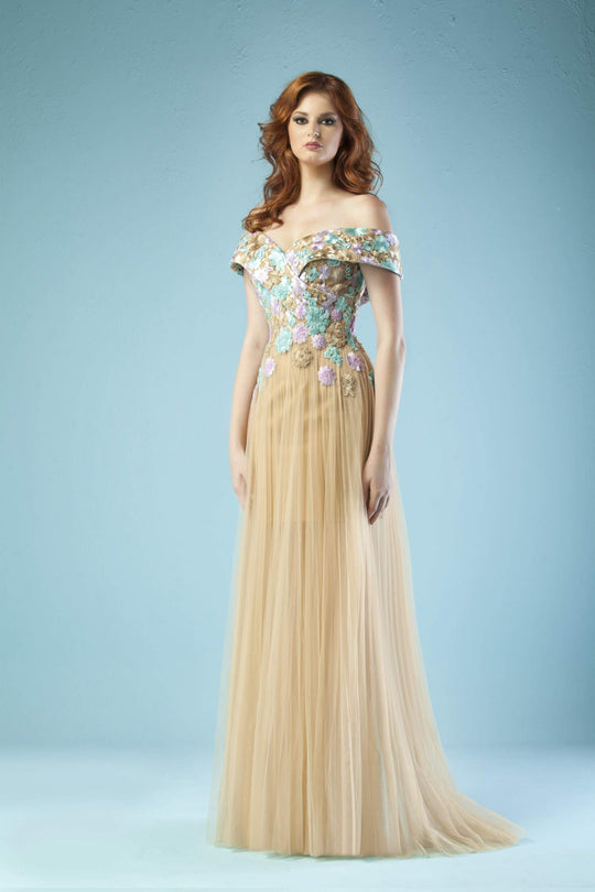 Gatti Nolli Couture - ED-4446 Off Shoulder Floral Appliqued Long Gown In Neutral