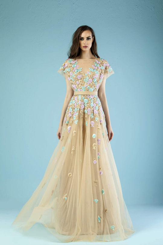 Gatti Nolli Couture - ED-4447 Vibrant Floral Cascade Translucent Gown In Neutral