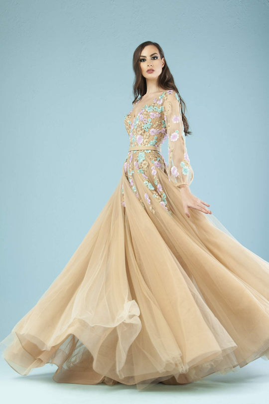 Gatti Nolli Couture - ED-4448 Translucent Bishop Sleeve Floral Gown In Neutral