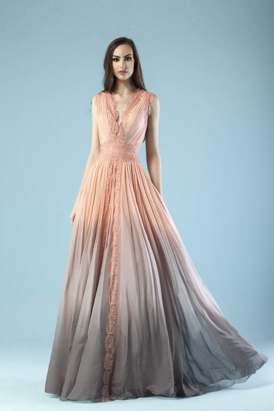 Gatti Nolli Couture - ED-4449 Scallop-Fringed Plunging V-Neck Gown In Pink and Gray