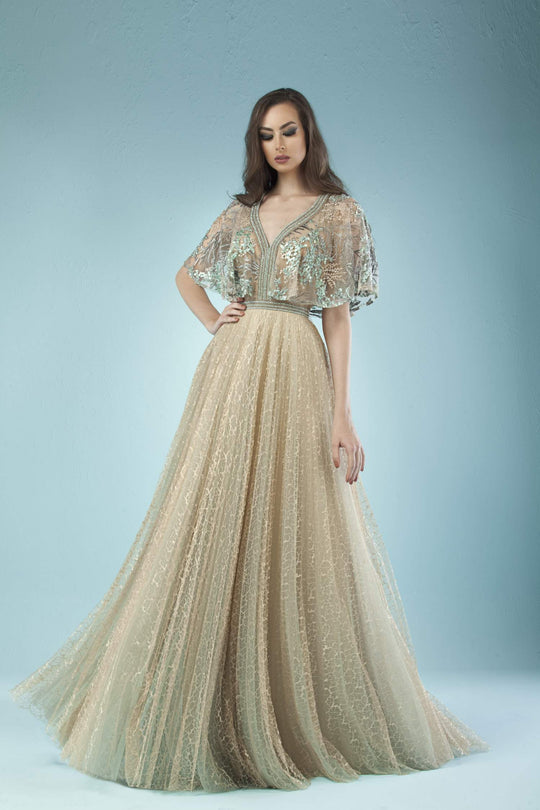Gatti Nolli Couture - ED-4455 Embroider-Detailed Cape A-Line Gown In Neutral and Blue