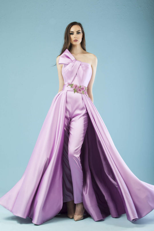 Gatti Nolli Couture - ED-4461 Bow Knotted Floral Overskirt Jumpsuit In Pink