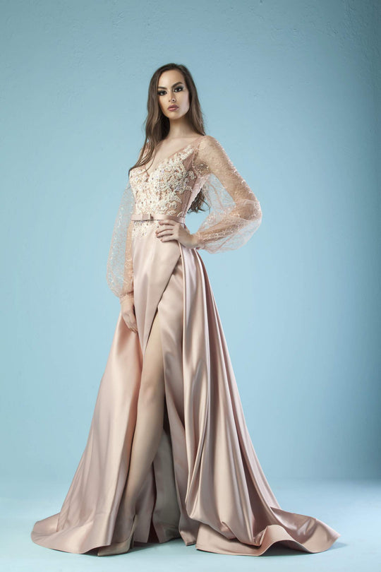 Gatti Nolli Couture - ED-4463 Sheer Bishop Sleeve Draping Slit Gown In Pink