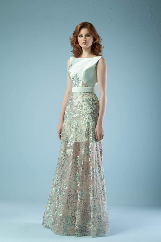 Gatti Nolli Couture - ED-4468 Leafy Appliqued Bateau Dress In Blue