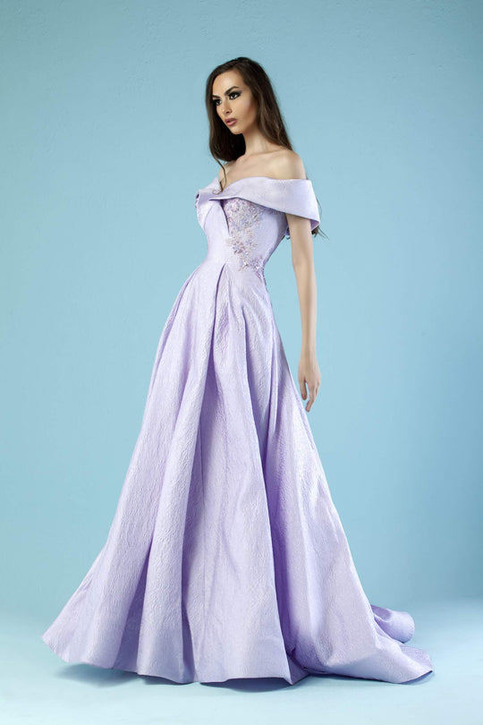 Gatti Nolli Couture - ED-4470 Embroidered Off-Shoulder A-Line Dress In Purple