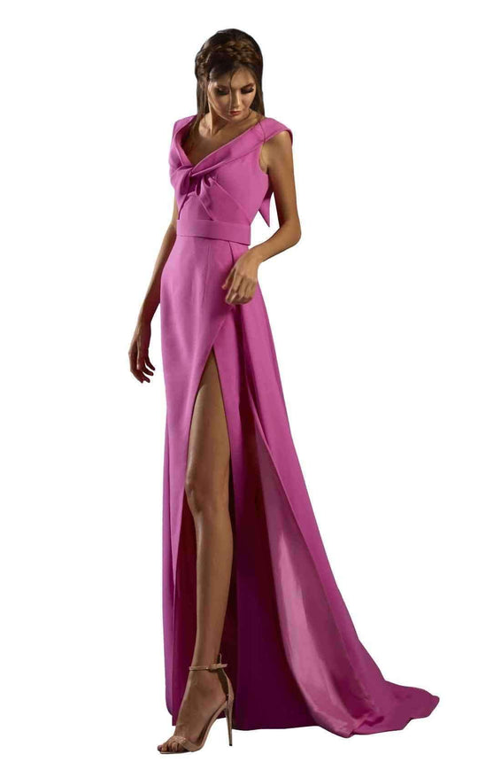 Gatti Nolli Couture - ED-4549 Knotted V-Neck Dress with Slit In Pink