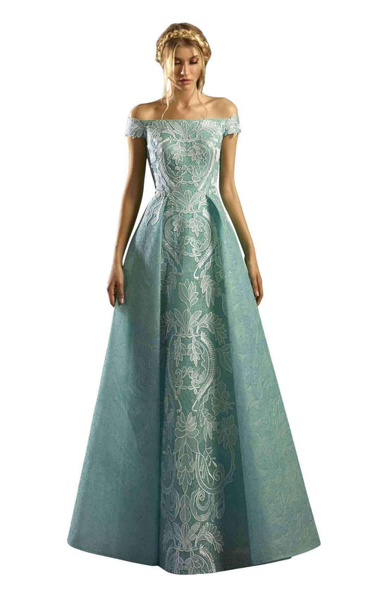 Gatti Nolli Couture - ED-4551 Contrast Appliqued Overskirt Long Gown In Blue