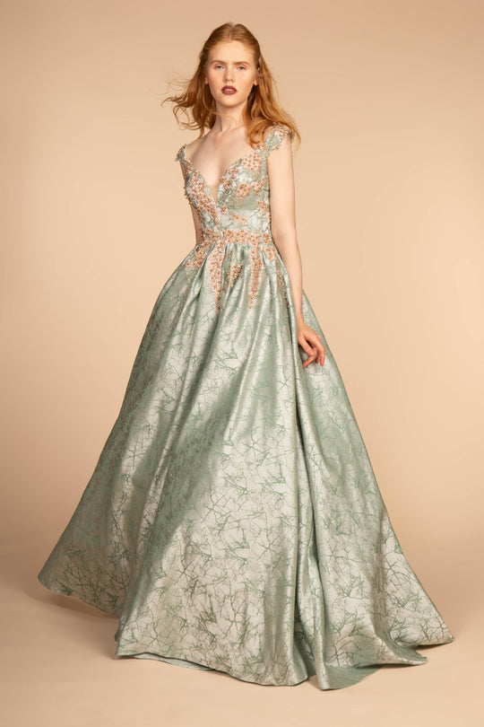 Elizabeth K - GL2540 Floral Embroidered Deep V-neck Ballgown In Green