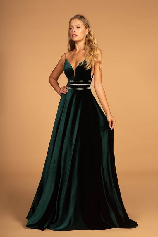Elizabeth K - Illusion Plunging Velvet Long Gown GL2584  In Green