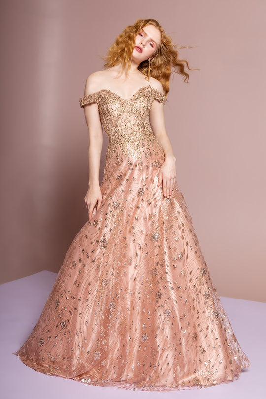 Elizabeth K - GL2620 Embellished Off-Shoulder A-line Gown In Pink