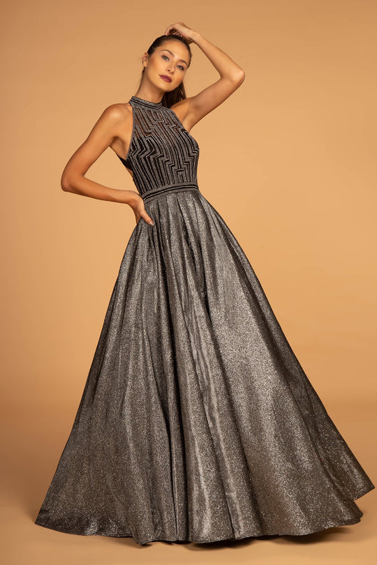 Elizabeth K - GL2631 Glitter High Neck Evening Gown In Silver