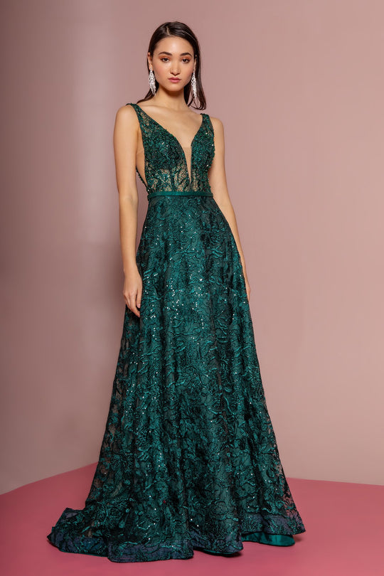Elizabeth K - GL2634 Lace Embellished Plunging V Neck Dress In Green