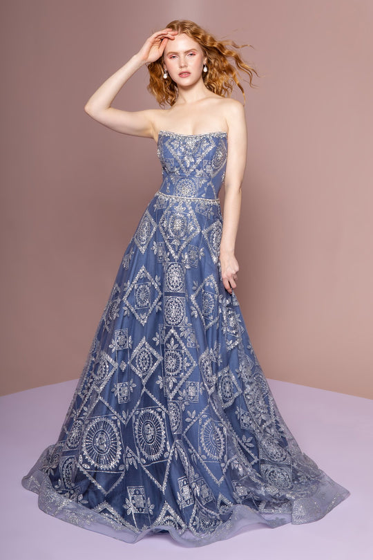 Elizabeth K - GL2650 Strapless Embellished A-line Dress In Blue