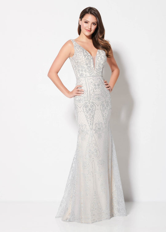 Ellie Wilde - EW21969 Bead Embellished Plunging V-Neck Dress In Silver