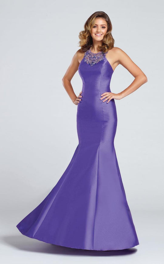 ELLIE WILDE -  EW117011 BEADED ILLUSION BACK PROM DRESS in Purple