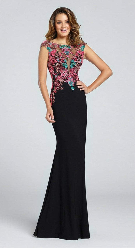 Ellie Wilde EW117054 Cap Sleeve Embroidered Illusion Long Gown In Black/Multi