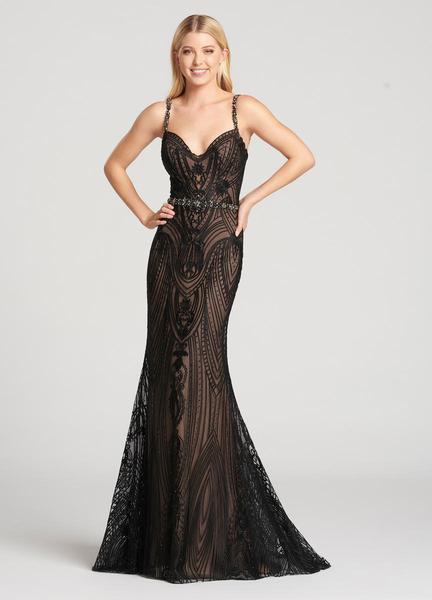 Ellie Wilde - EW118142 Bead-Adorned Intricate Lace Overlay Gown In Black