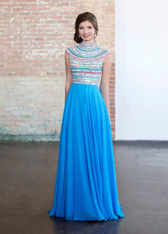 Ellie Wilde - EW118190 Multi Beaded High Neckline Prom Dress In Blue and Multi-Color