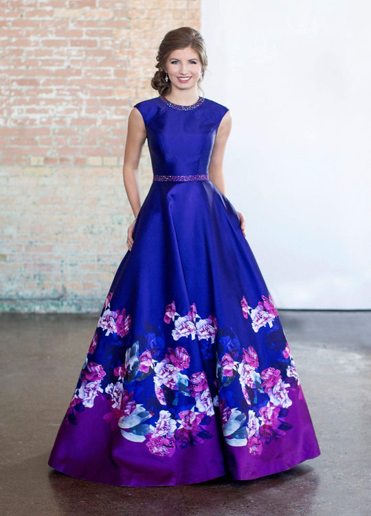 Ellie Wilde - EW118192 Floral Printed Vibrant Mikado Gown In Purple and Multi-Color