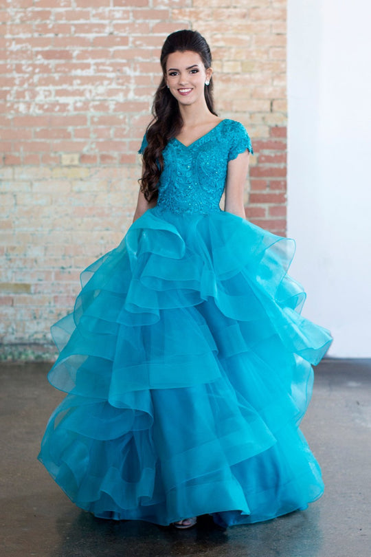 Ellie Wilde - EW118193 V Neckline Ruffled Skirt Tulle Ballgown In Blue