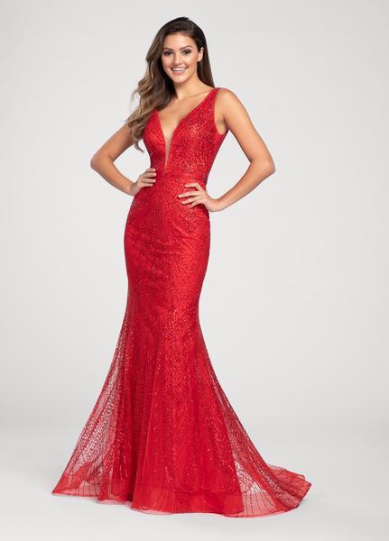 Ellie Wilde - EW119004 Glitter Tulle Deep V Neck Mermaid Gown In Red