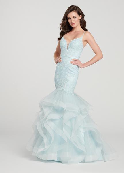Ellie Wilde - EW119008 Plunging Lace Tiered Mermaid Gown In Blue