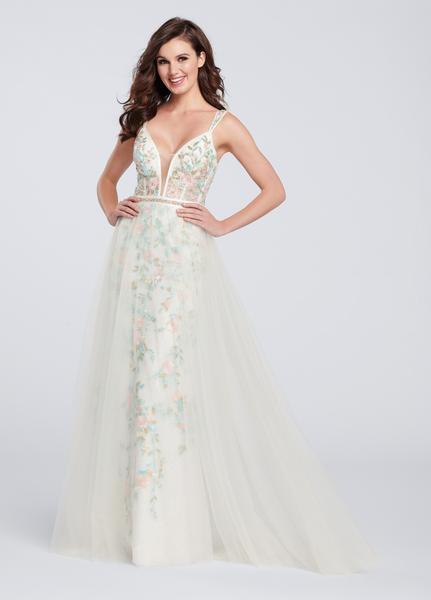 Ellie Wilde - EW119011 Lace Embroidered A-Line Evening Gown In White and Multi-Color