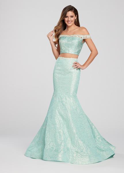 Ellie Wilde - EW119014 Two-Piece Sheer Lace Paneled Jacquard Gown In Green