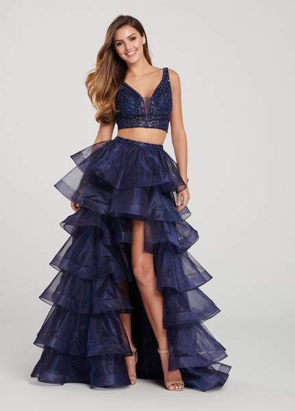 Ellie Wilde - EW119020 Two Piece Plunging V-Neck Ruffled Gown In Blue