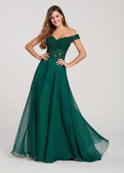 Ellie Wilde - EW119023 Off Shoulder Novelty Lace A-Line Gown In Green