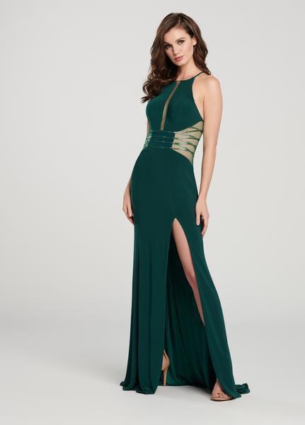 Ellie Wilde - EW119024 Beaded Illusion Paneled High Slit Gown In Green