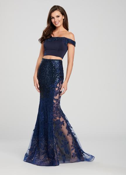Ellie Wilde - EW119026 Two Piece Off-Shoulder Sequined Mermaid Gown In Blue