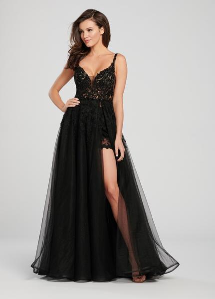 Ellie Wilde - EW119031 Plunging Illusion Corset A-Line Gown In Black