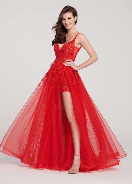 Ellie Wilde - EW119032 Plunging Illusion Corset A-Line Gown In Red