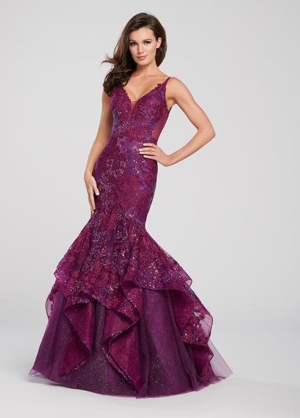 Ellie Wilde - EW119038 Strappy Lace Appliqued Trumpet Gown In Purple