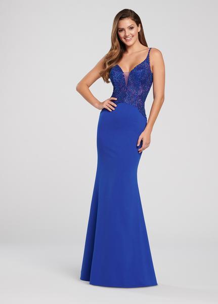 Ellie Wilde - EW119041 Beaded Illusion Bodice Lace Up Gown In Blue