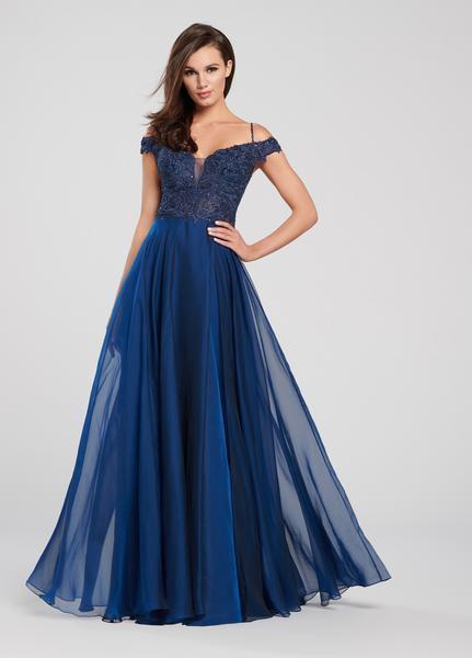 Ellie Wilde - EW119042 Plunging Sheer Beaded Lace A-Line Gown In Blue