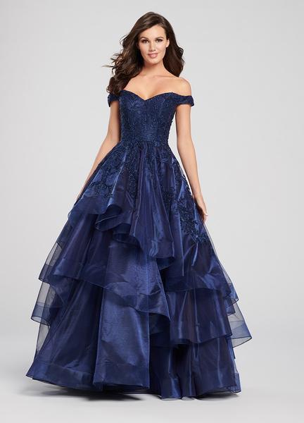 Ellie Wilde - EW119043A Embroidered Lace Off-Shoulder Tiered Ballgown In Blue