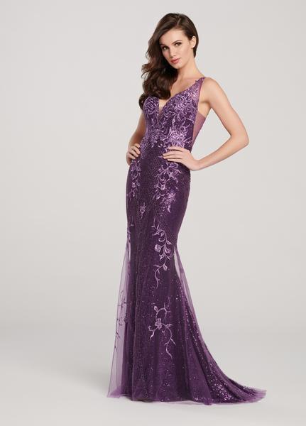 Ellie Wilde - EW119044 Embroidered Sequin Plunging V-Neck Dress In Purple